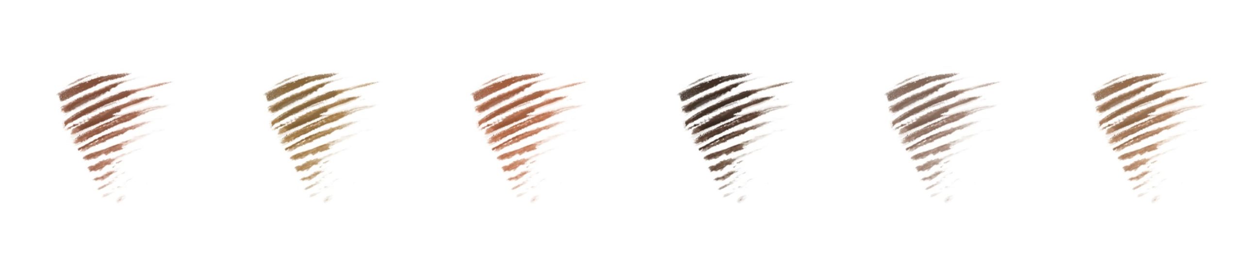画像：（左から順に）​ 001 Cinnamon　ニュートラルブラウン 002 Marron　黄みよりのブラウン 003 Almond　赤みよりのブラウン 004 Espresso　ナチュラルブラック 005 Cappuccino　アッシュグレー 006 Cashew　アッシュベージュ